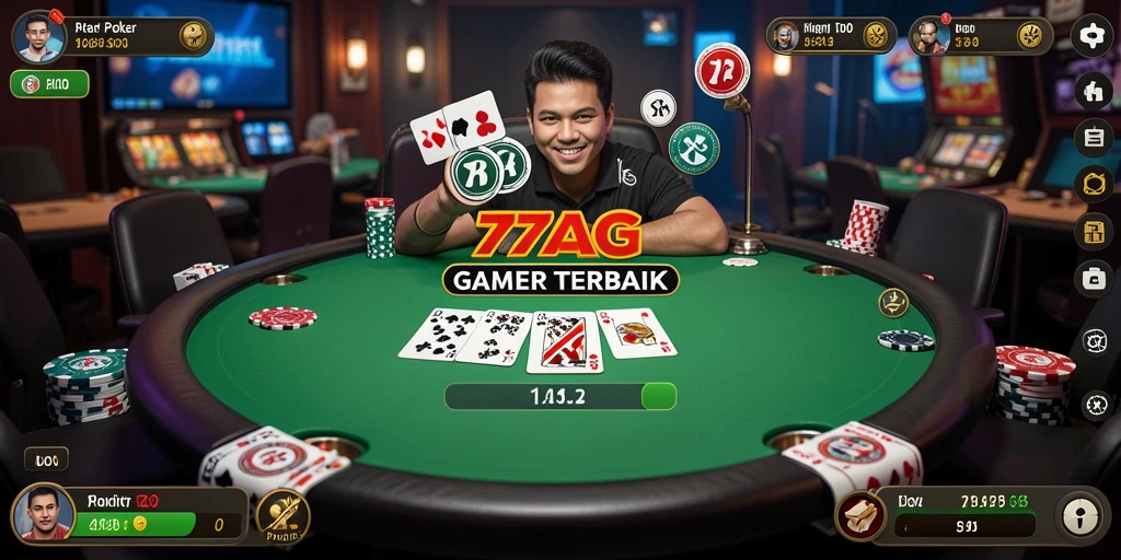 Screenshot gameplay Poker 77AG menampilkan aksi seru di meja.