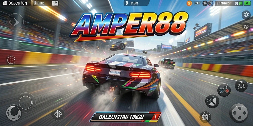 Screenshot gameplay AMPER88 yang menampilkan balapan mendebarkan.