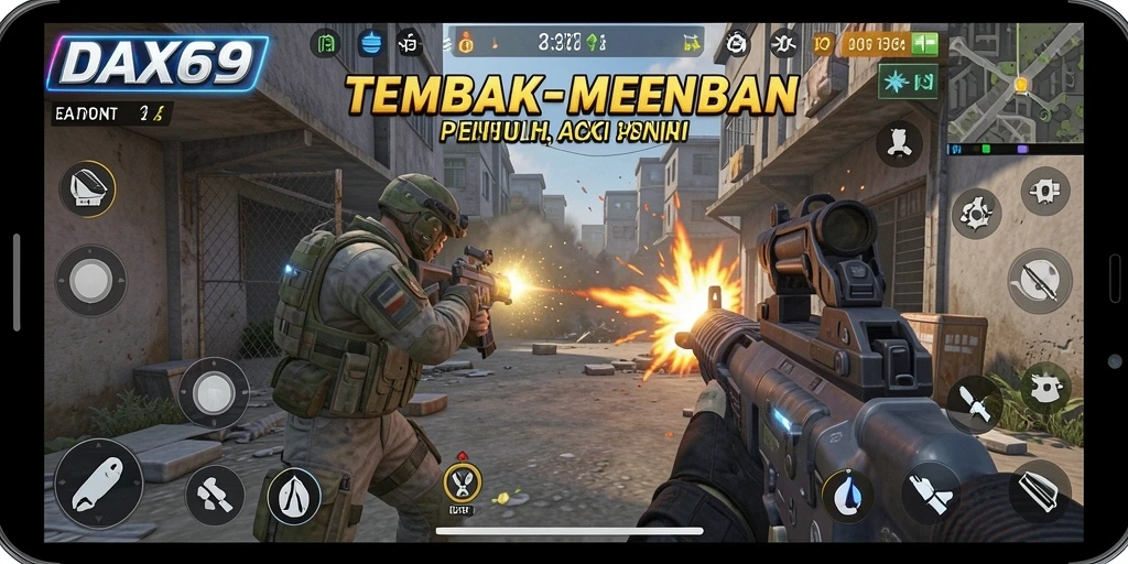 Tampilan gameplay DAX69 dengan aksi tembak-menembak intens.