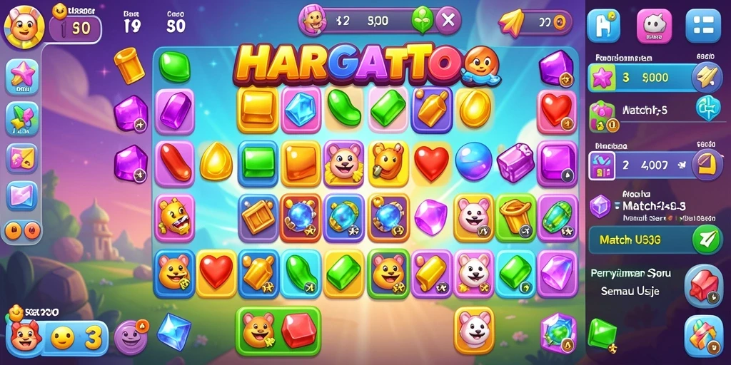 Screenshot HARGATOTO menampilkan gameplay Match-3 yang seru dan penuh warna.