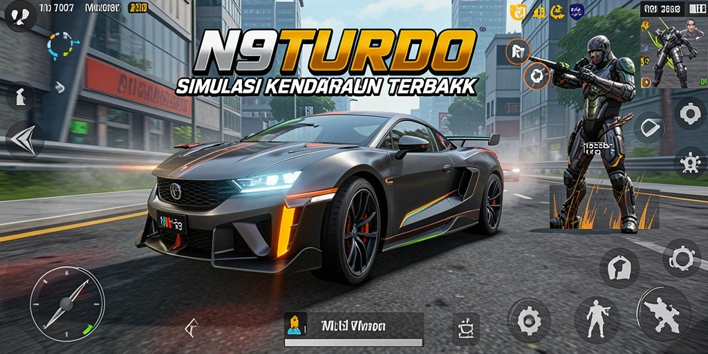 Screenshot gameplay N9TURBO menampilkan mobil balap di trek dengan detail grafis yang tinggi.