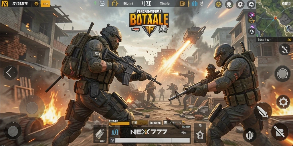 Screenshot menampilkan aksi seru dalam permainan Battle Royale NEX777.