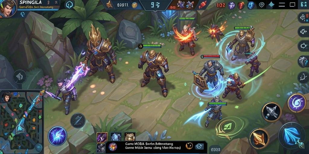 Tampilan dinamis gameplay SPINGILA dalam pertempuran MOBA.