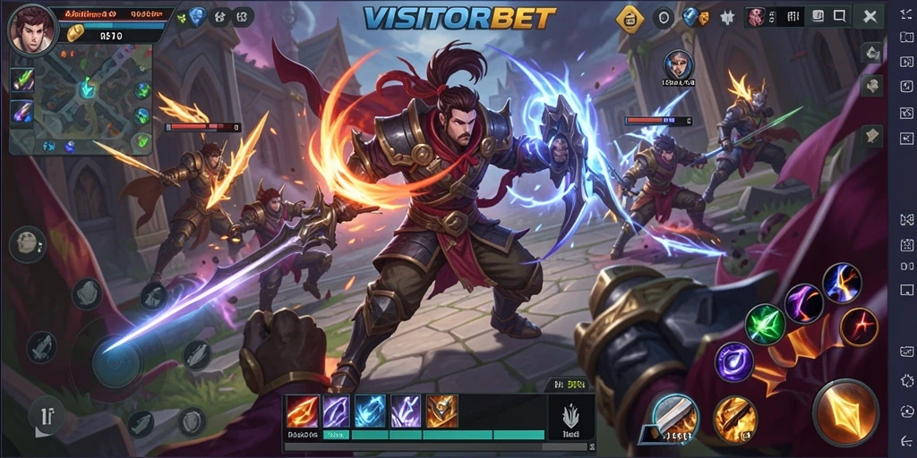 Tampilan layar permainan VISITORBET dengan pertarungan strategis di arena MOBA.